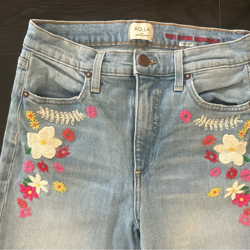 Alice + Olivia, High Wasted, Floral Embroidered Flare Jeans - Picture 3 of 13